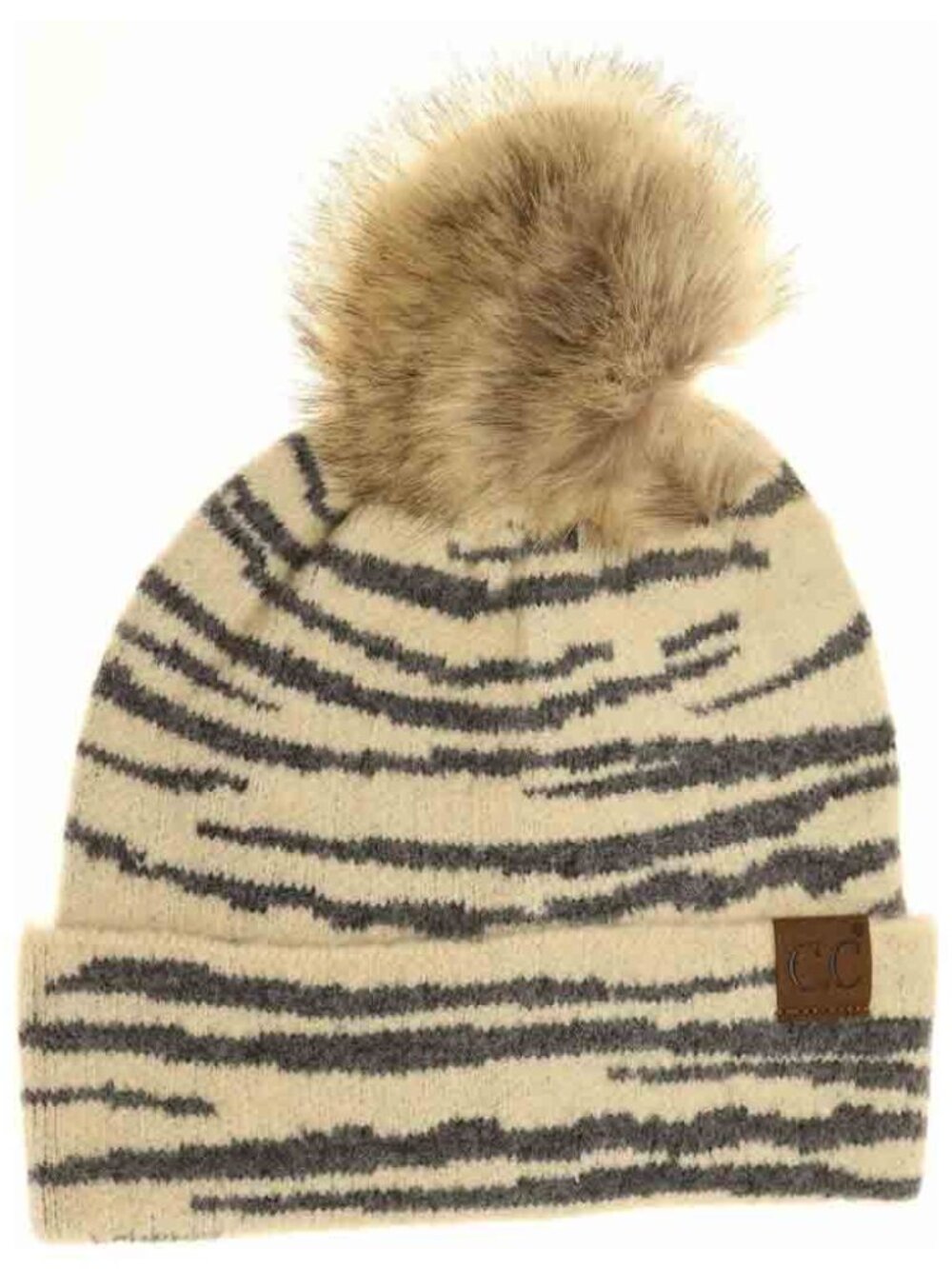 CC Knit Pom Beanie in Cream with Charcoal Stripes